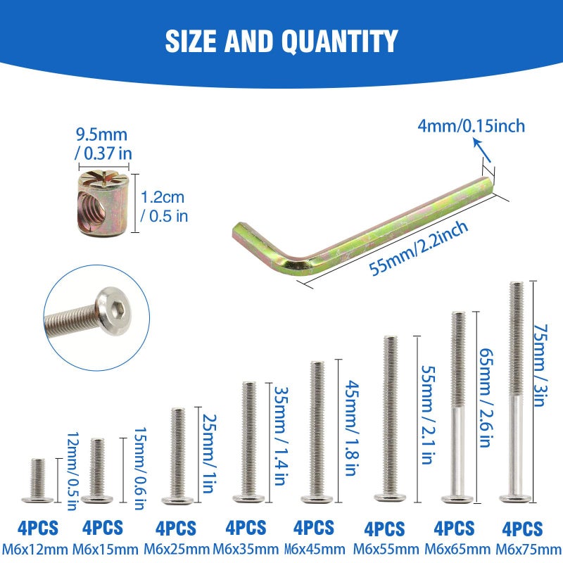 Socell 61pcs Crib Bunk Bed Furniture Hardware Replacement Kit, Stainless Steel Hex Drive Socket Cap Furniture Barrel Screws Bolt Nuts Assortment Kit for Crib Screws with 1 Wrenches(M6x12mm-75mm) - Image 2